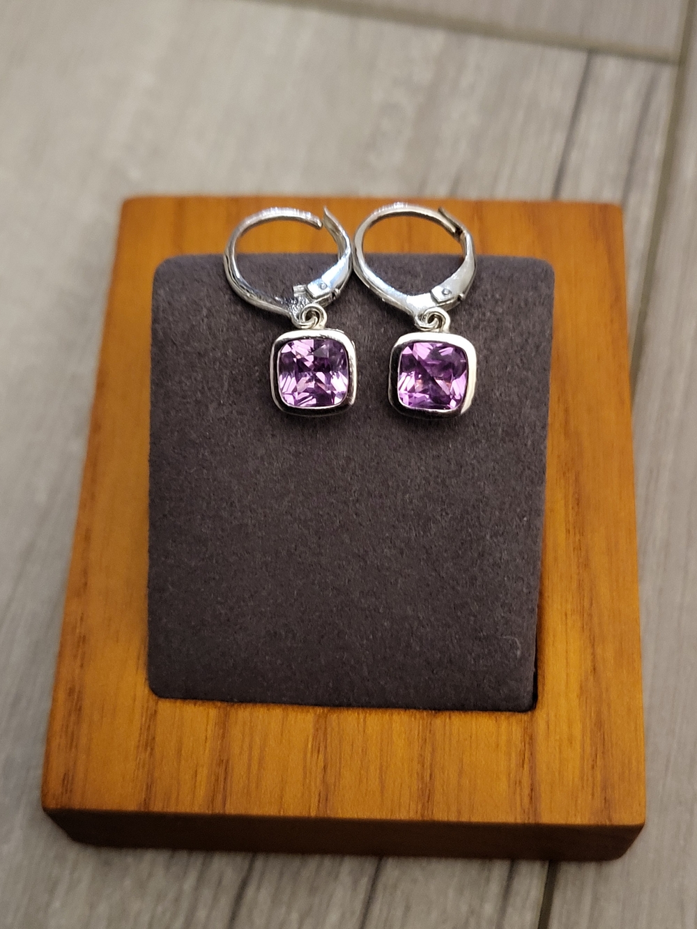 Sterling 925 Silver Drop Earrings with Purple Cushion-Cut Stones